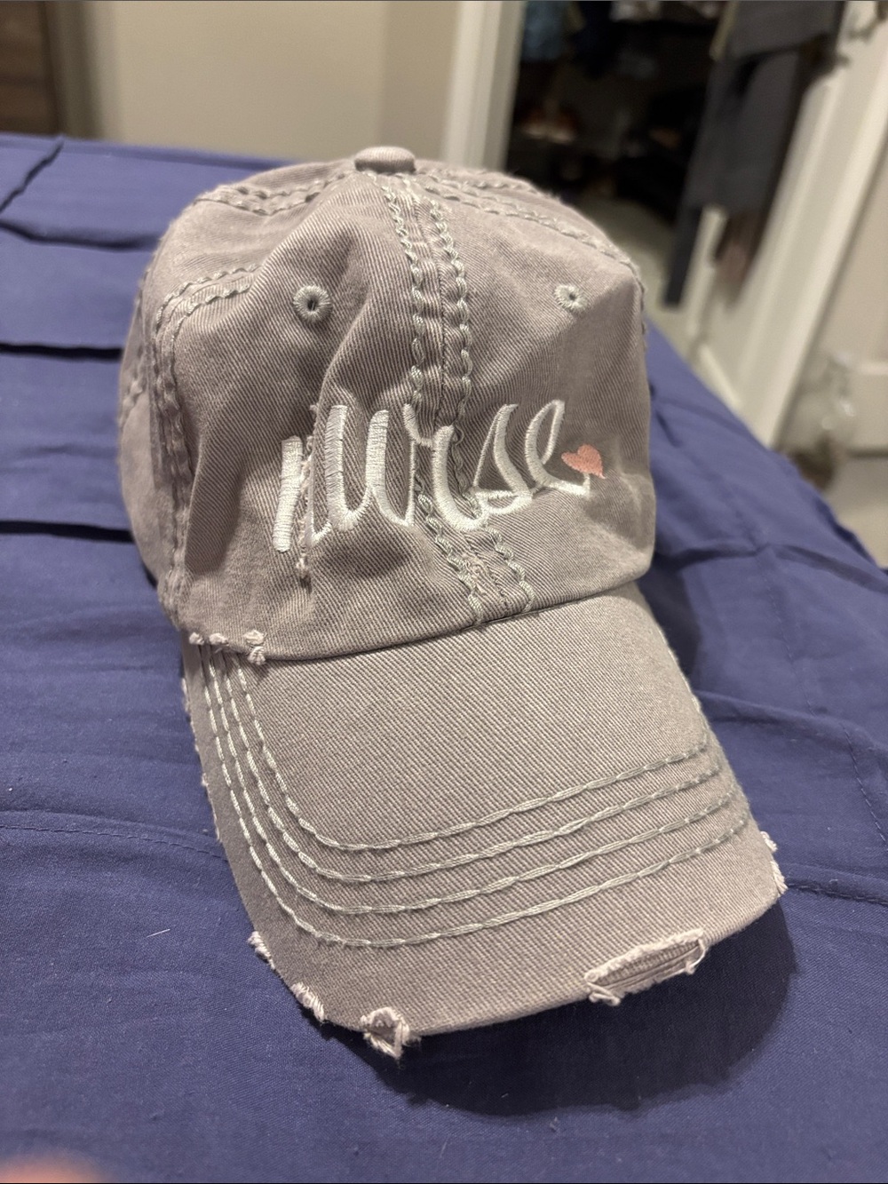 Womens Nurse Embroidered Distressed Cap - Pink Heart on Gray